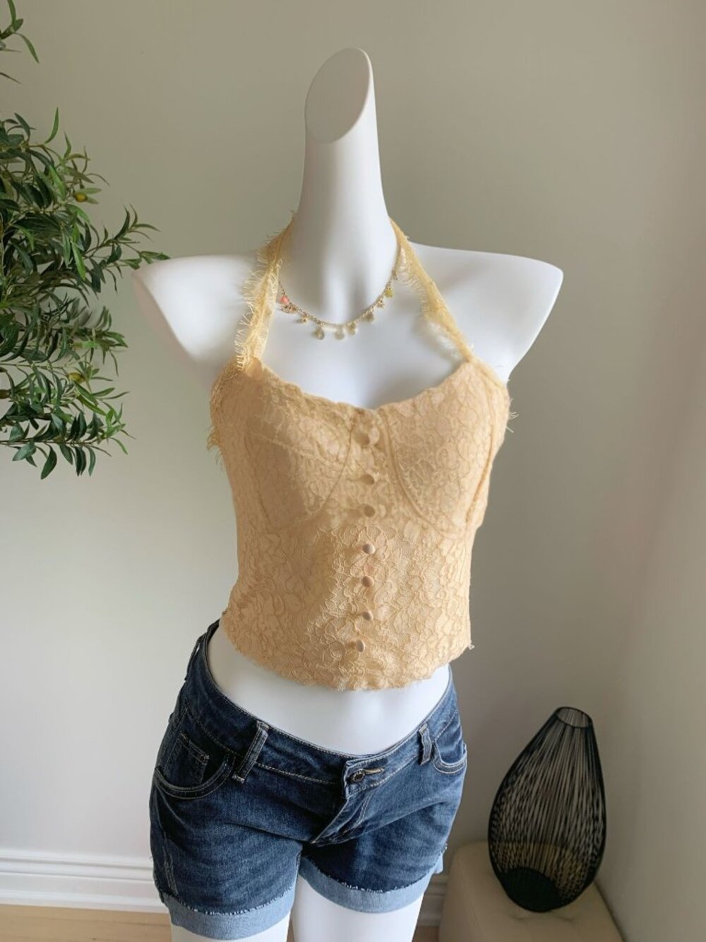 Butter Yellow Lace Halter Crop Top Button Front Cami